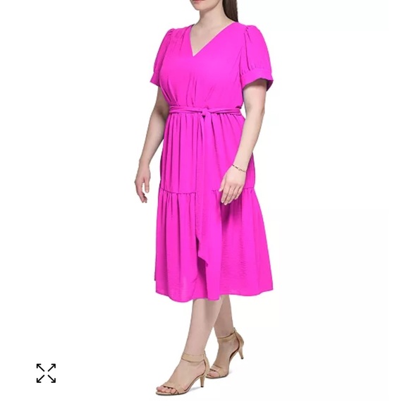 DKNY tiered midi dress in bright pick. Toe front and v neck. - Picture 1 of 5